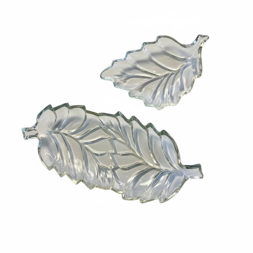 Vintage Glass Leaf Candy Dishes Trinket Trays Botanical Serving Pieces Set of 2